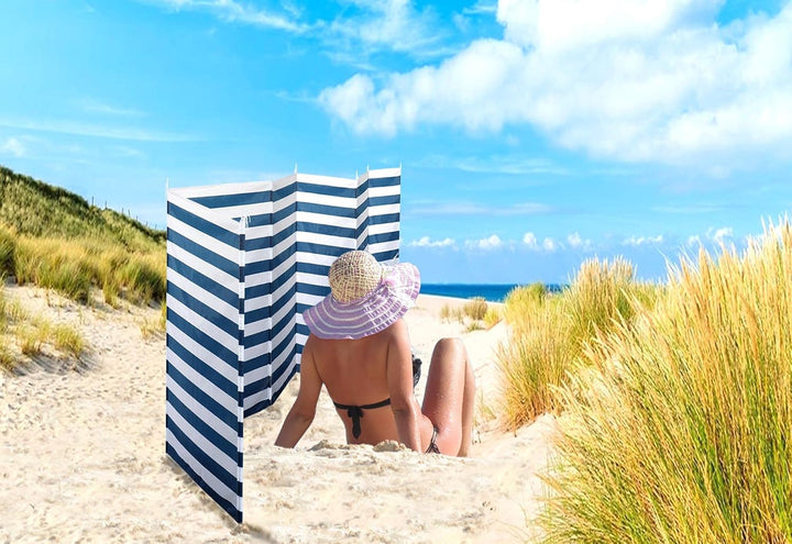 ELLUG Windschutz Sichtschutz Sonnenschutz blau weiss gestreift 6m*1,2m, 7 Stahlstangen für Strand Ca