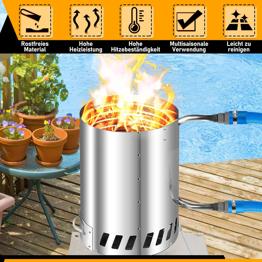 Ansobea Edelstahl Poolheizung mit Feuer und Heizspirale, 10L Schwimmbadheizung Ø 32/38 mm Anschluss,