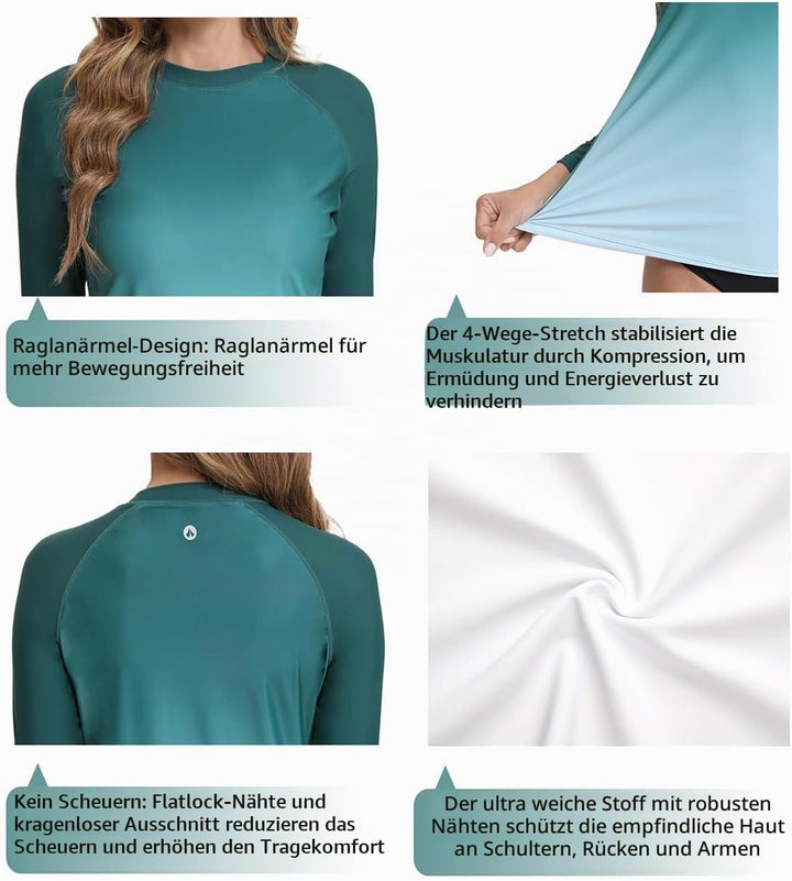 SURFEASY Damen Rash Guard Langarm Sonnenschutz Schnelltrocknend Badeshirt Surf Shirt Schwimmen Badem