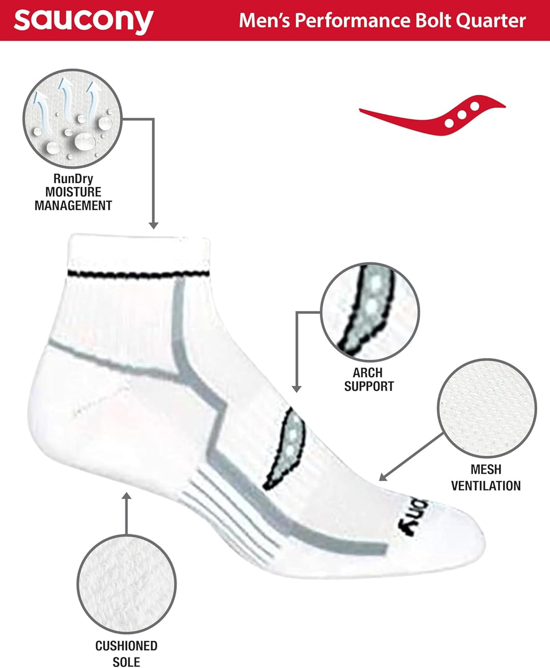 Saucony Herren Multipack Bolt Performance Quarter Socken, Weiss (6 Paar)