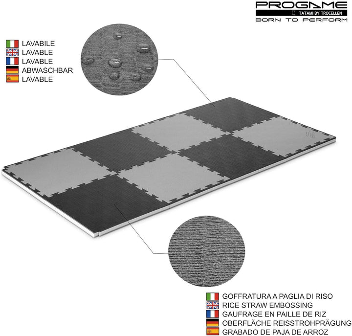 ProGame Kit 8 Stück Tatami Matte 3,5 cm GYM-HOME Schwarz/Grau 50x50 cm Tatami Puzzle Tatamimatte
