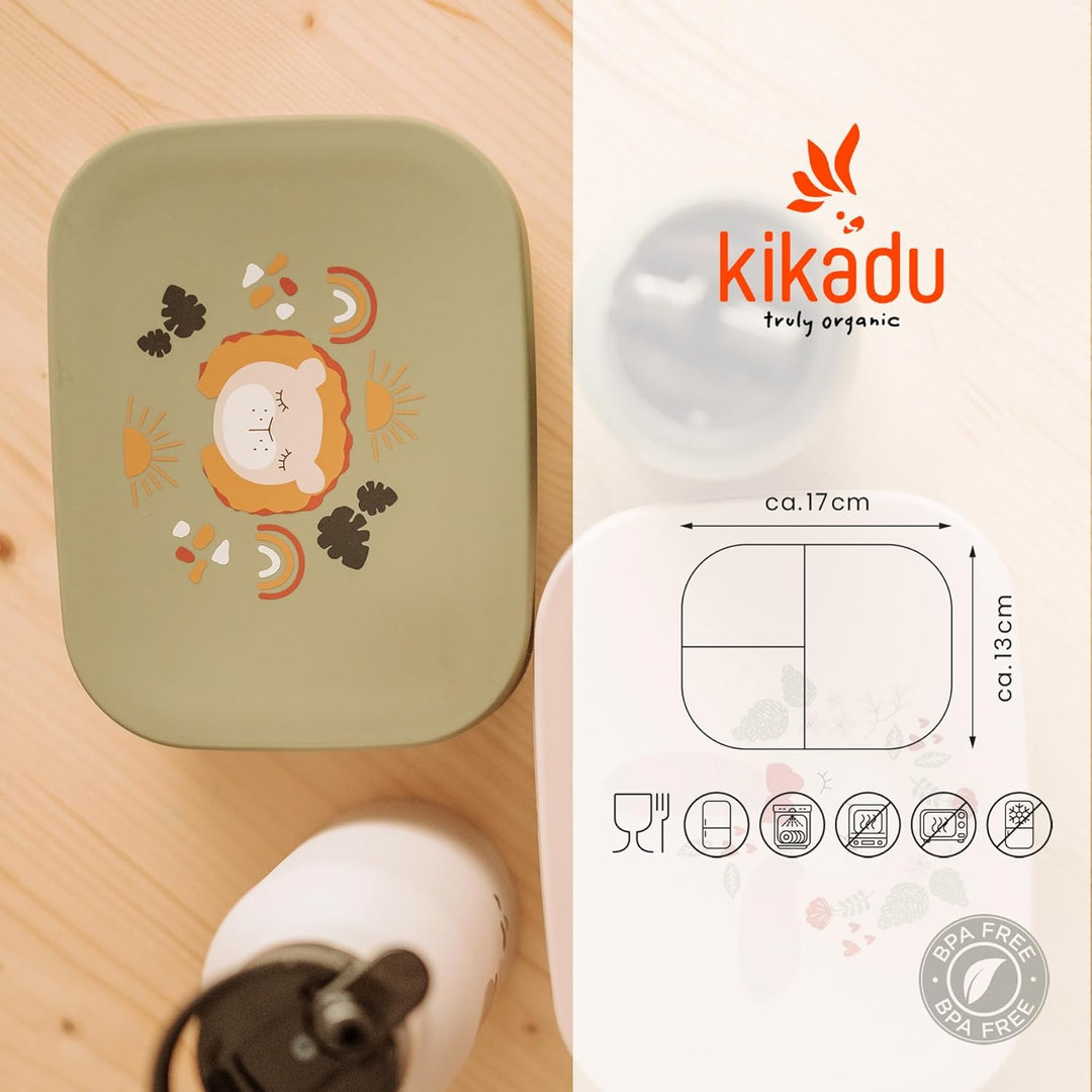 kikadu Brotdose Löwe Olive - Kindergeschirr, BPA-frei, 18/8 Edelstahl, mit niedlichen Aufdrucken, Ma