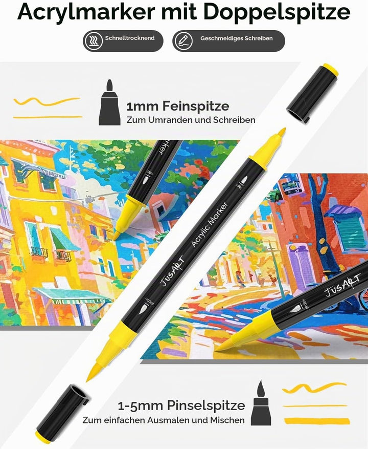 JusArt 48 Acrylstifte mit Doppelspitze, Pinsel und feine Spitze, Acrylic Marker Wasserfest, Premium-