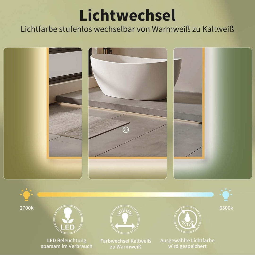 HOKO® Bogen LED Badspiegel 50x90 cm / 90x50 cm Oakland mit Goldener Metallrahmen, HOCH+QUER Montage.