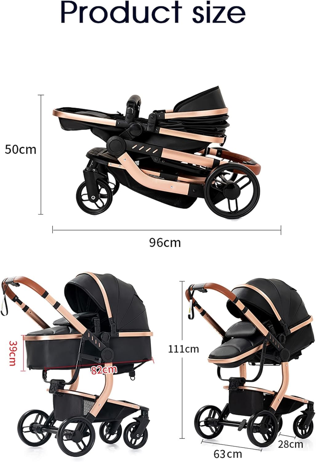 MoLi PU-Leder Kinderwagen 3 in 1, Kinderwagen mit Umkehrbarem Doppelschiebemodus, Buggy Grosser Bequ