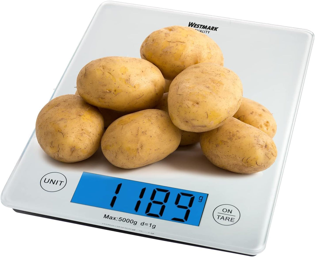 Westmark Digitale Küchenwaage mit Tara-Funktion, Wiegebereich bis 5 Kg, Glas-Wiegefläche, 23 x 18 x