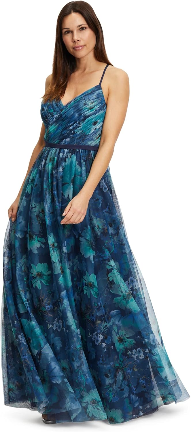 Vera Mont Damen Abendkleid mit Blumenprint 34 Blau, 34 Blau