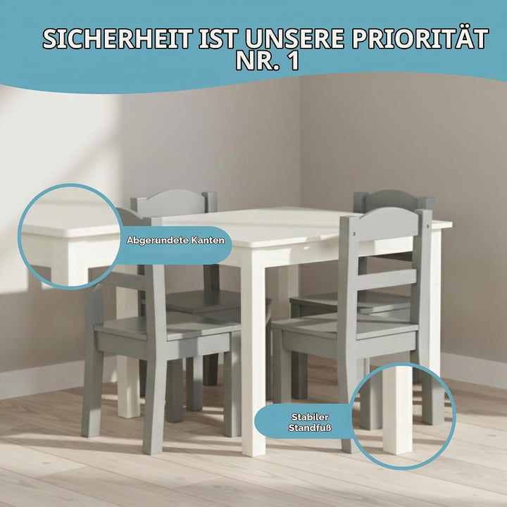 Humble Crew schicker Holztisch für Kinder, Weiss/Grau! Mit 4 Stühlen, ideal für Kinderzimmer. Jetzt