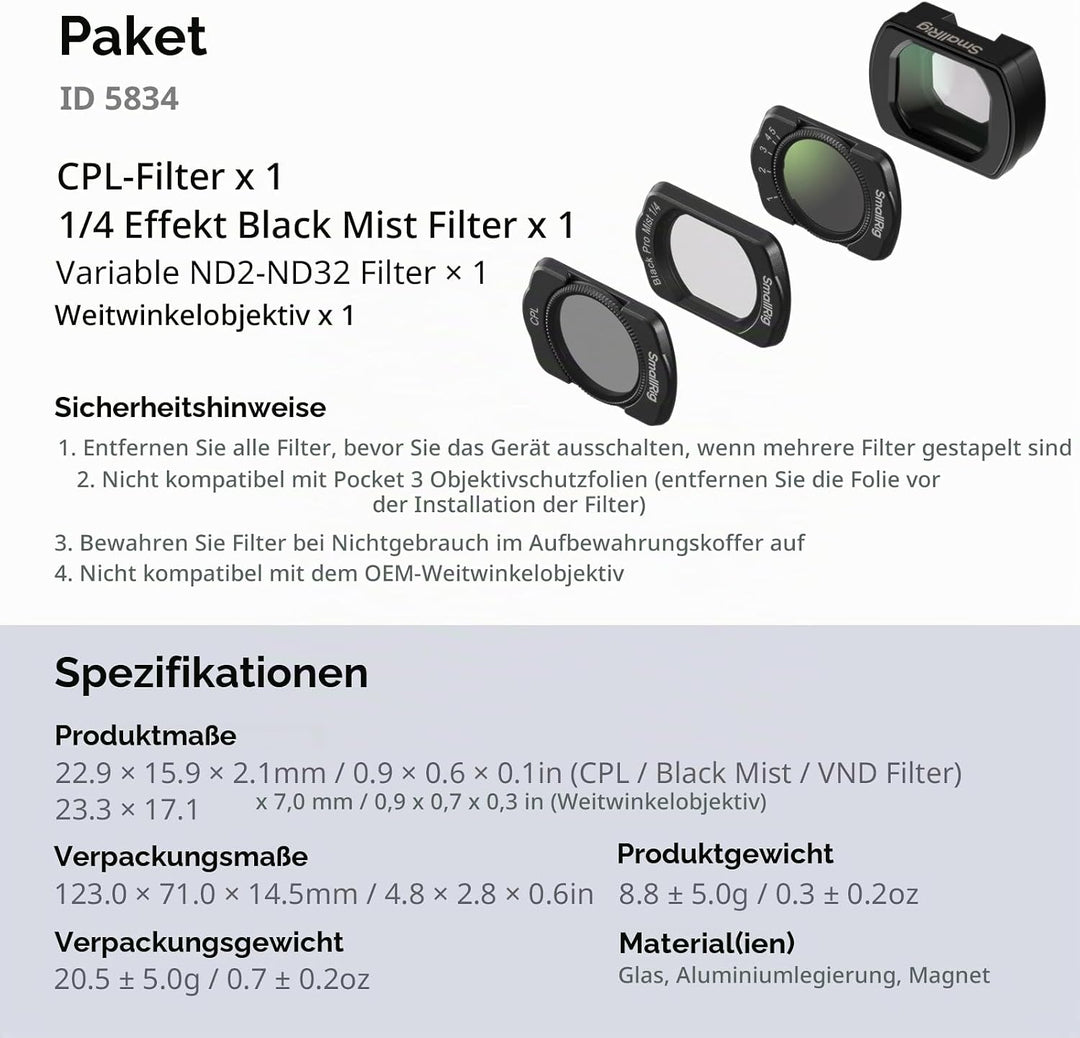 SMALLRIG Magnetisches Weitwinkelobjektiv- &amp; ND- &amp; CPL- &amp; Effektfilter-Set für DJI Osmo Pocket 4/3, 4