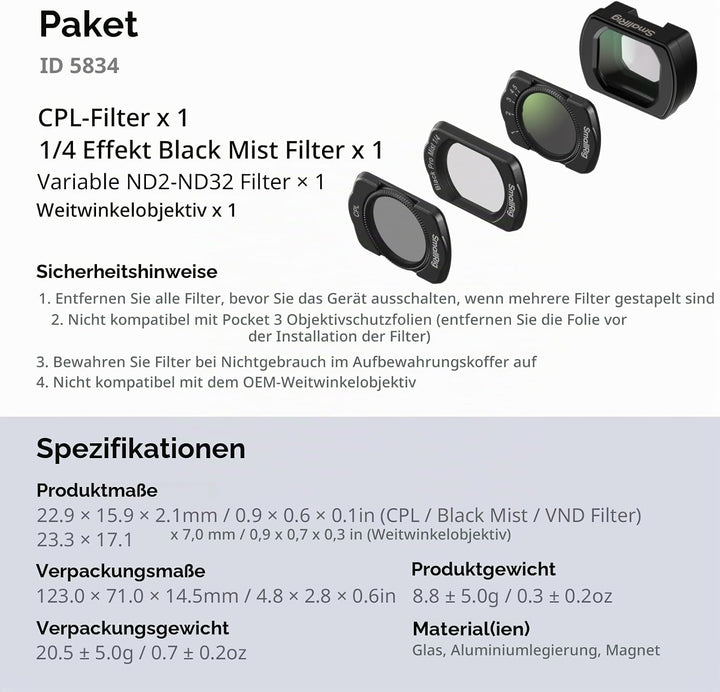 SMALLRIG Magnetisches Weitwinkelobjektiv- &amp; ND- &amp; CPL- &amp; Effektfilter-Set für DJI Osmo Pocket 4/3, 4