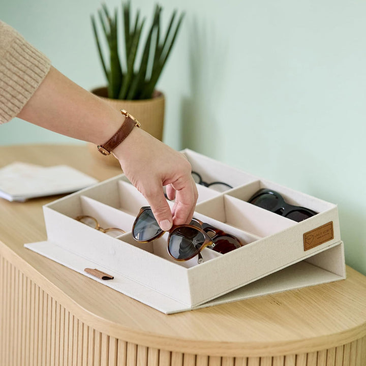 LOVE IT STORE IT Premium Brillenbox für 8 Sonnenbrillen - Aus Leinen Stoff - Brillenaufbewahrung meh