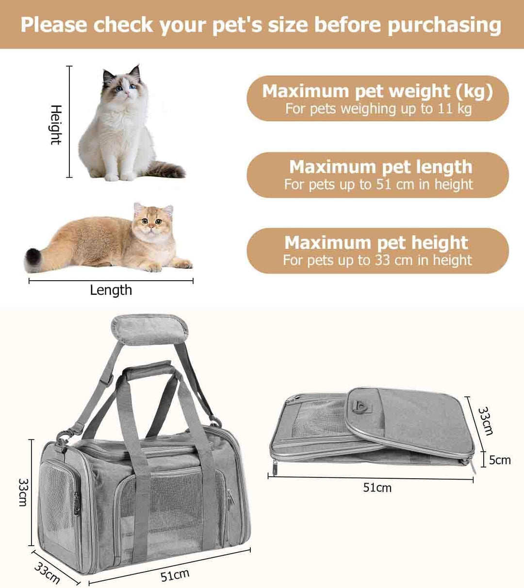 Transportbox für Katze und Hund, Faltbare Transporttasche, atmungsaktive Katzentransportbox, mit Sch