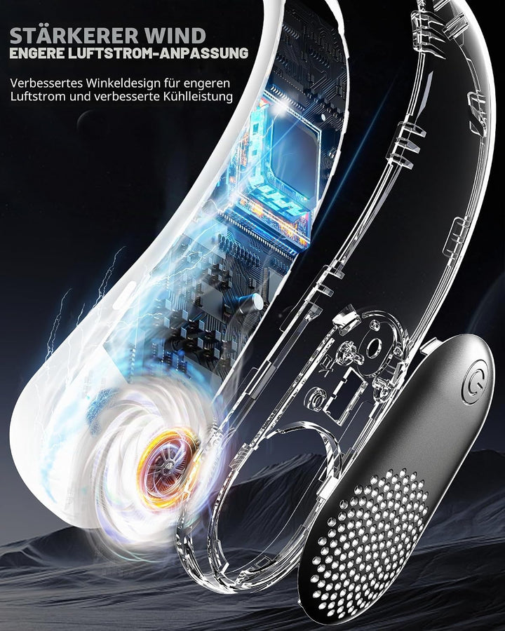Peiyuu Hals-Ventilator, LED-Display, wiederaufladbar, tragbar, 360°-Kühlung, blattloser persönlicher