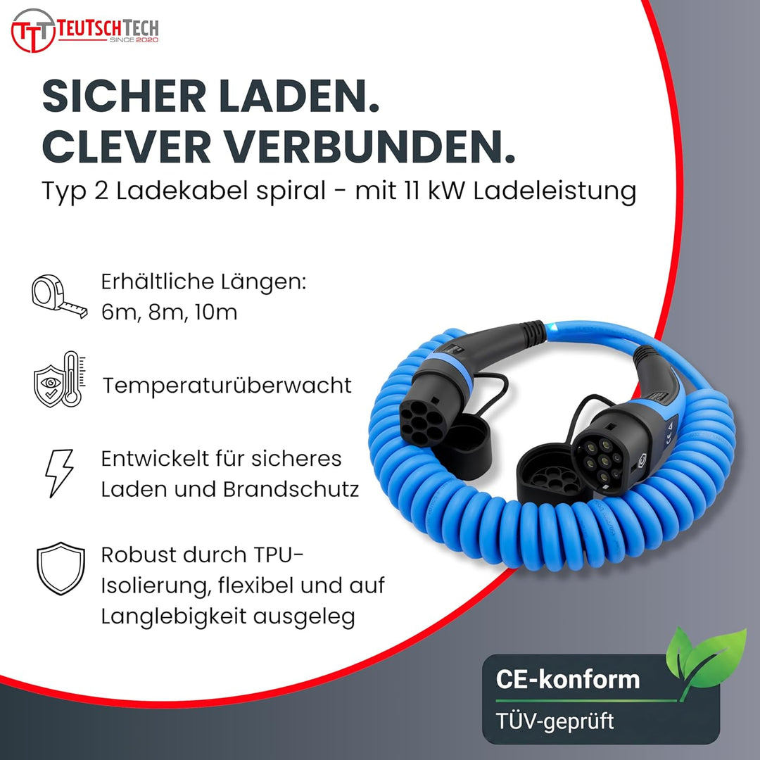 TEUTSCHTECH, EV Ladekabel Spiral I Blau I 6M I TYP2 auf TYP2 I 11kW I 3X16A I 3-phasig I Nutzbare Lä
