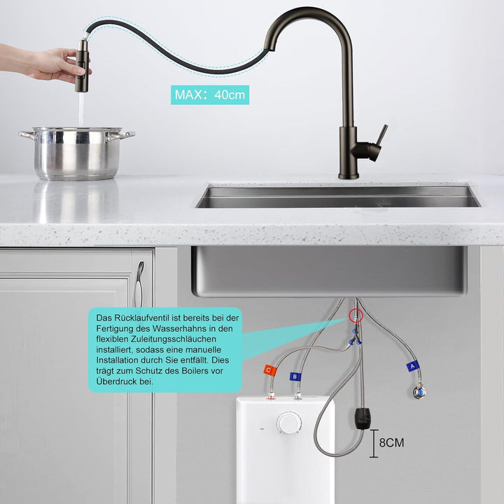 Niederdruck Armatur Küche, 2 Modi Wasserhahn Küche, 360° Drehbare Küchenarmatur mit Brause Ausziehba
