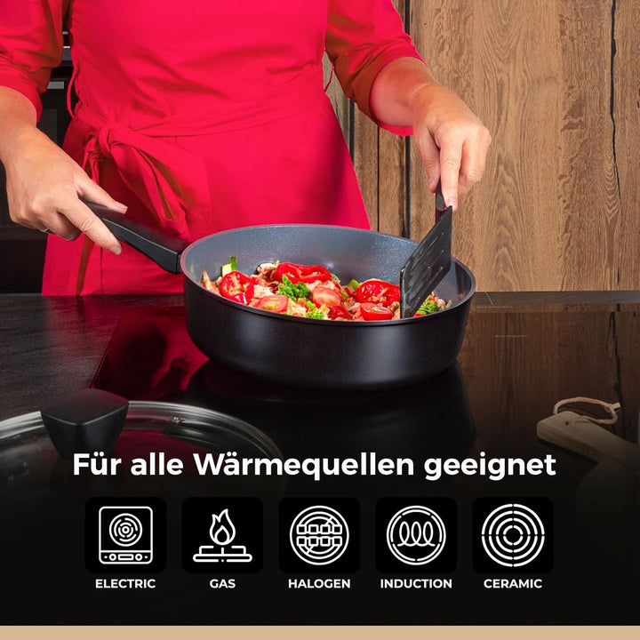 Be Living Pfannenset 4-teilig – Ø 24 & 28 cm Bratpfanne + Sauteuse + Wokpfanne mit Deckel – Bratpfan