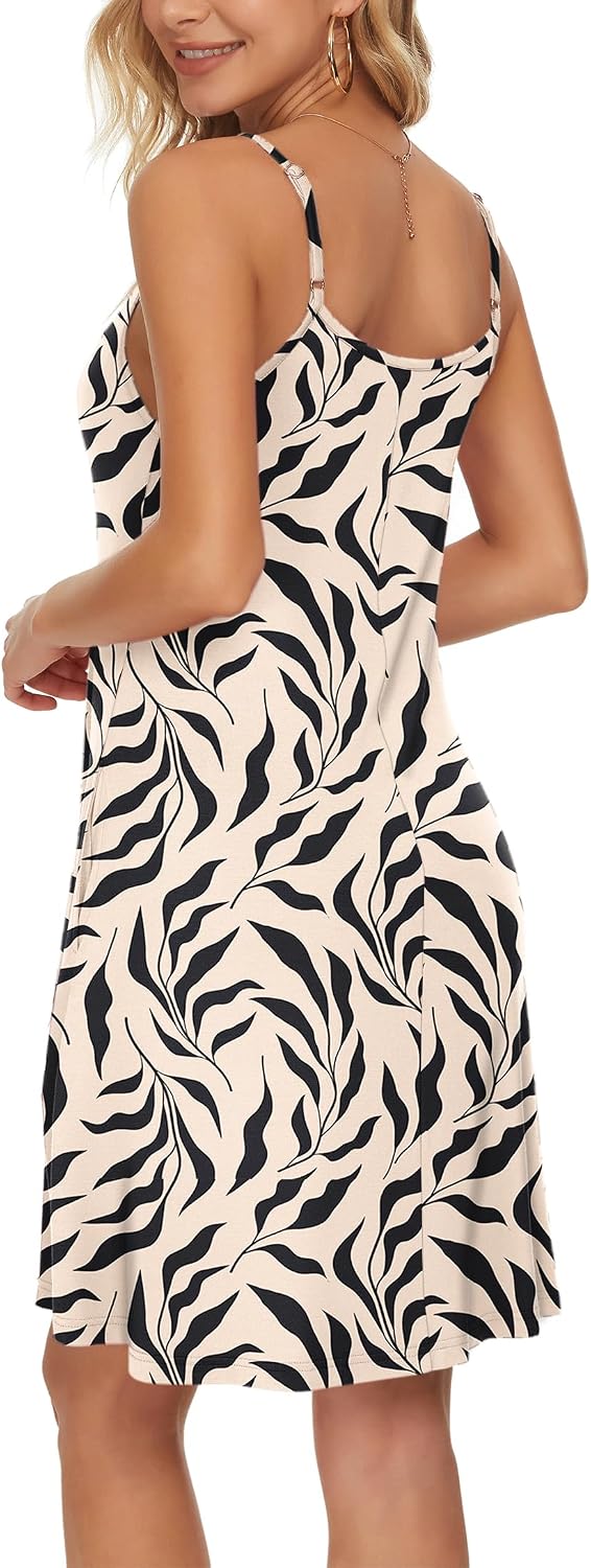 WNEEDU Damen Kleid Sommer Spaghettiträger Sommerkleid Kurze Strandkleider V Ausschnitt Leichte Freiz