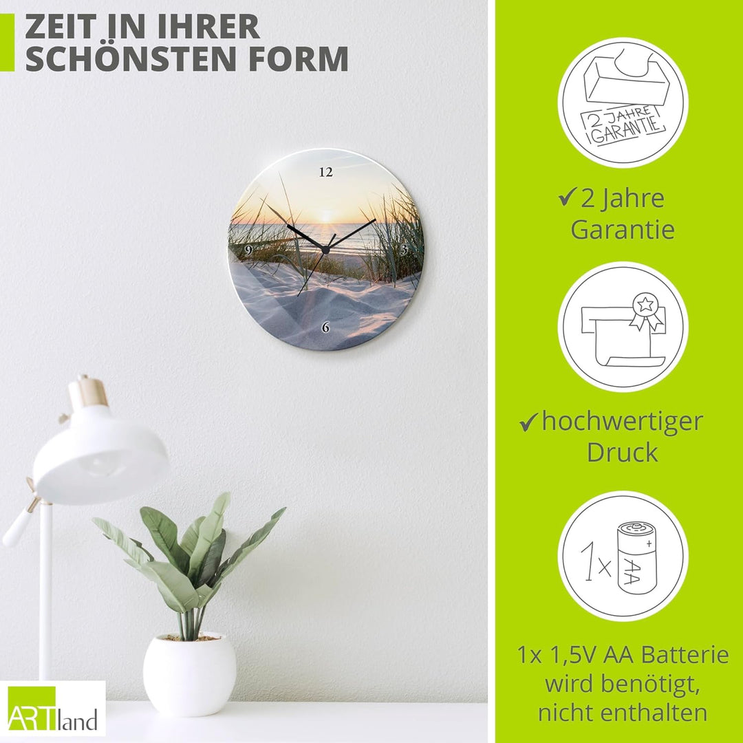 ARTLAND Wanduhr ohne Tickgeräusche Glas Quarzuhr Ø 30 cm Rund Lautlos Sonnenuntergang Ostsee Sonnenu