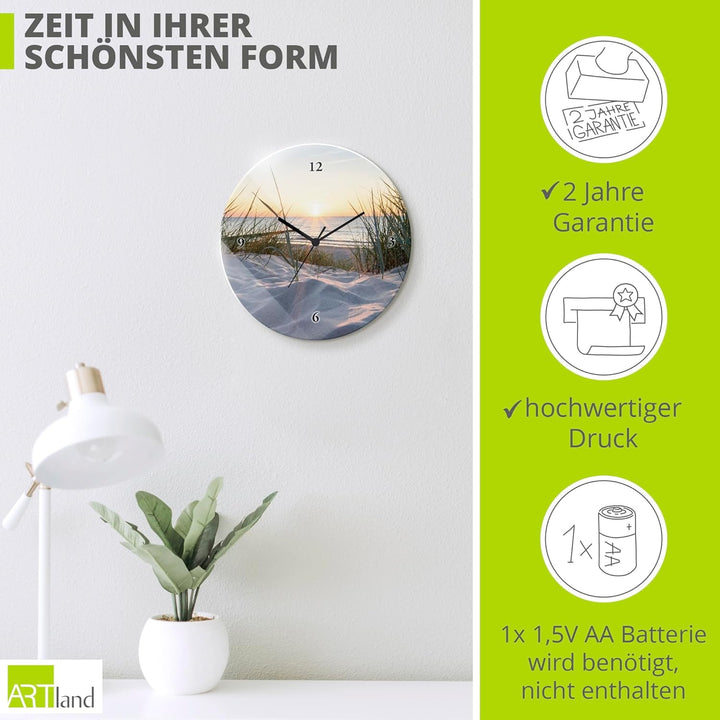 ARTLAND Wanduhr ohne Tickgeräusche Glas Quarzuhr Ø 30 cm Rund Lautlos Sonnenuntergang Ostsee Sonnenu