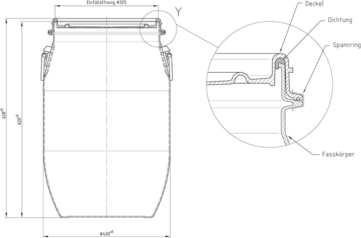 plasteo® 2 Stück: 60 L Weithalsfass mit Spannverschluss | 100% Lebensmittelecht | Universalfass | Fu