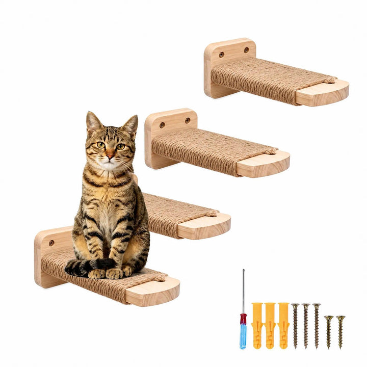 4pcs Katzentreppe Wand, Kletterwand Katzen aus Holz,Wandliege Kletterwand Katzen mit Juteseil zum Kr