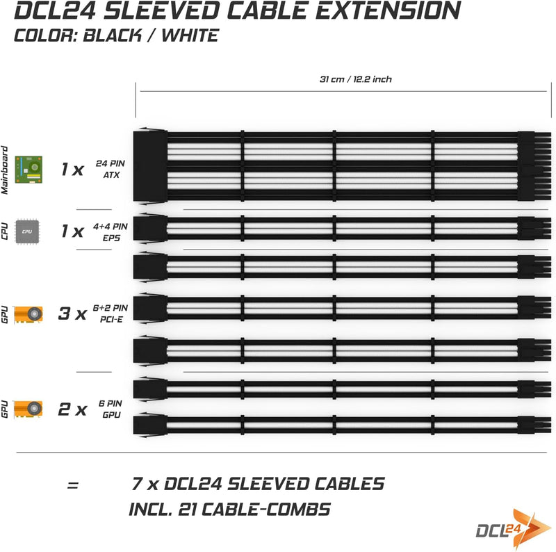 dcl24.de 30CM Sleeved Cable PC Extension Kit Schwarz-Weiss für Netzteil, GPU/CPU, PSU Cable Extensio