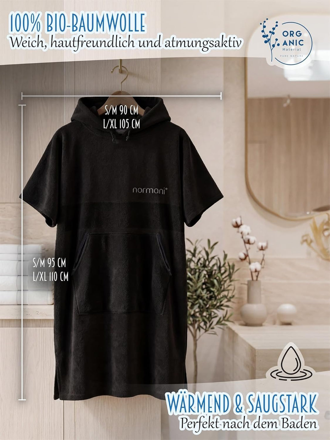 normani Baumwoll Surfer Poncho - Strandponcho - Handtuch-Poncho - Unisex Strand Umziehhilfe - geschl