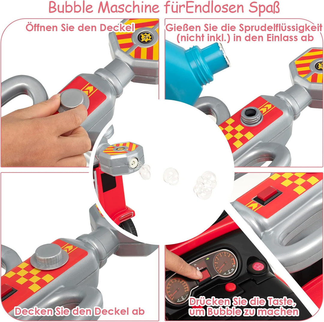 DREAMADE Rutscherauto Kinder mit Bubble Maschine, Feuerwehrfahrzeug Kinder bis 20kg, Rutschauto mit