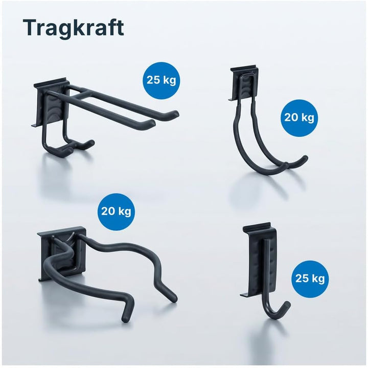 Dönges Werkzeug Wandhaken für Garage Aufbewahrungsregal mit 5 Schienen, 14 Haken &amp; 2 Klettschlaufen