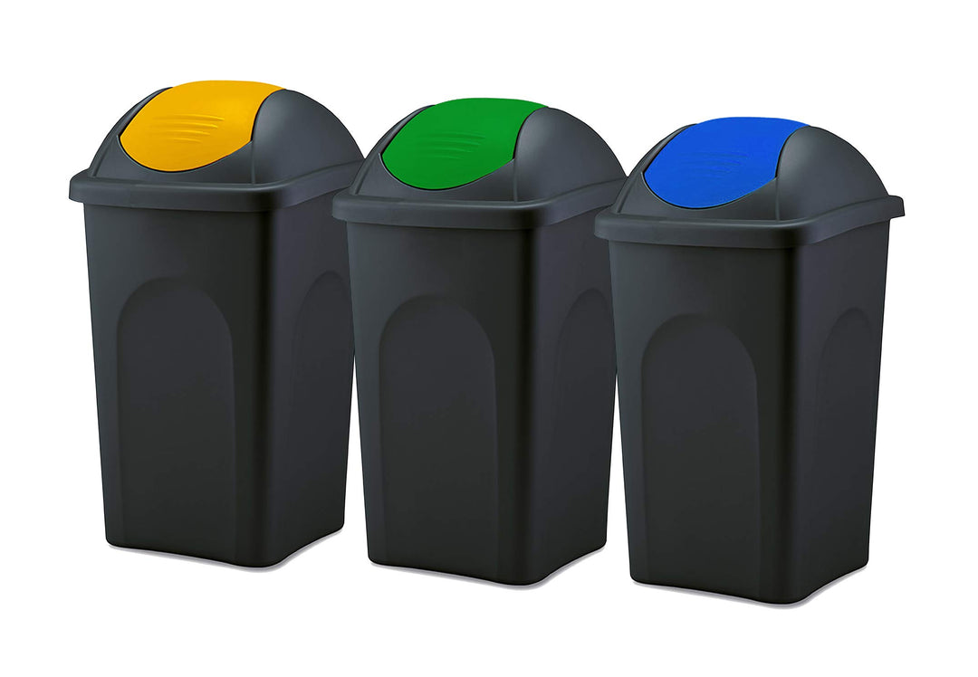 BigDean 3x Mülleimer gross 60L - schwarz - mit Schwingdeckel gelb, grün & blau - aus Kunststoff - Mü