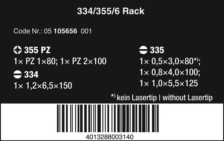 Wera 334/355/6 Rack Schraubendrehersatz Kraftform Plus Lasertip + Rack, 6-teilig, 05105656001 Single