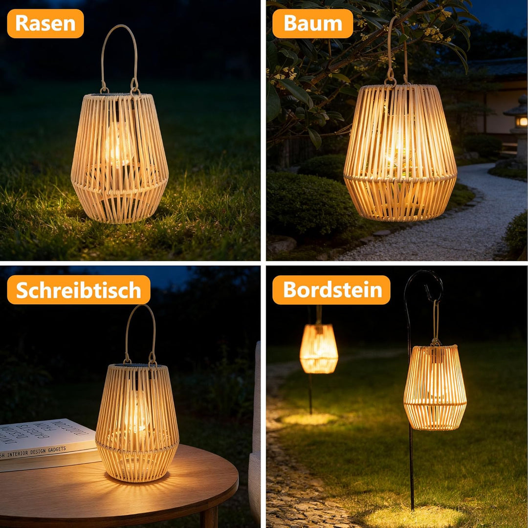 Solar Laternen für Aussen, 2 Stück Handgewebtes Rattan Solarlampen für Aussen Hängend, IP65 Wasserdi