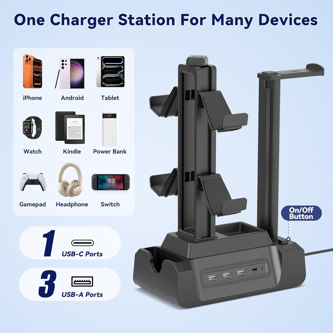 KDD USB Ladestation für Mehrere Geräte mit 4 Port, Handy Ladestation mit Headset und Controller Halt