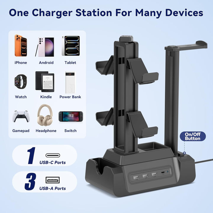 KDD USB Ladestation für Mehrere Geräte mit 4 Port, Handy Ladestation mit Headset und Controller Halt