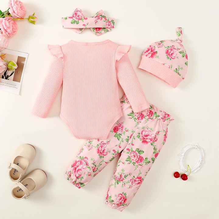 Neugeborenes Baby Mädchen Kleidung Kleinkind gerippt Ruffle lange Ärmel Strampler+ Floral Hosen+ Sti