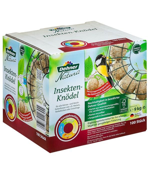 Dehner Natura Wildvogelfutter, Meisenknödel, Insekten-Knödel, ohne Netz, 100 Stück je 90 Gramm (9 kg