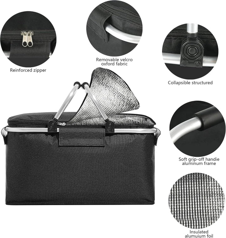JXCTNNU Picknickkorb 25L Einkaufskorb Faltbar Gross Picknickkorb Kühlkorb Einkaufskorb mit Deckel Tr