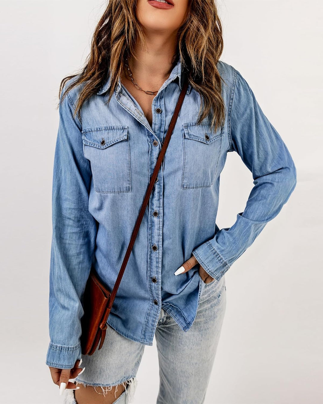 Roskiky Jeanshemd Damen Bluse Damen Western Hemden Tunika Damen Langarm Button Down Oberteile Damen