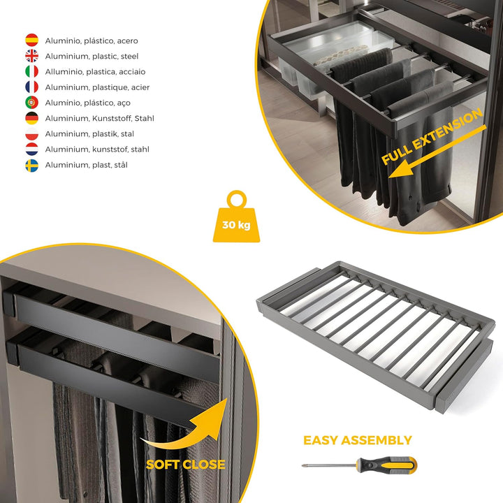 Emuca - Satz aus 7-Stangen-Hosenhalter und ahmen für Schrank Quartz, mit Soft-Close- und Vollauszugs