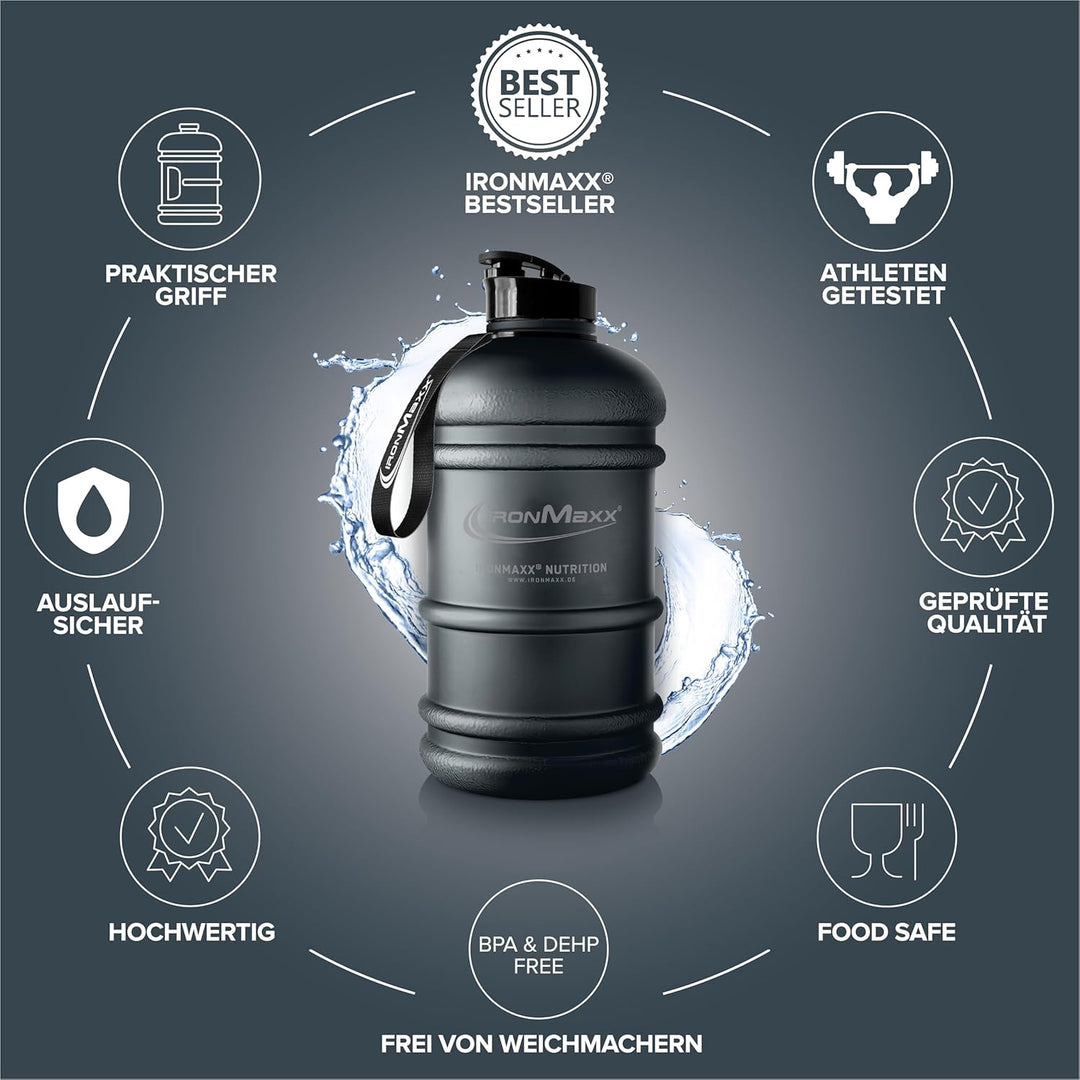IronMaxx Water Gallon - Matt Deep Black 2200ml | BPA & DEHP frei | auslaufsichere Trinkflasche mit M
