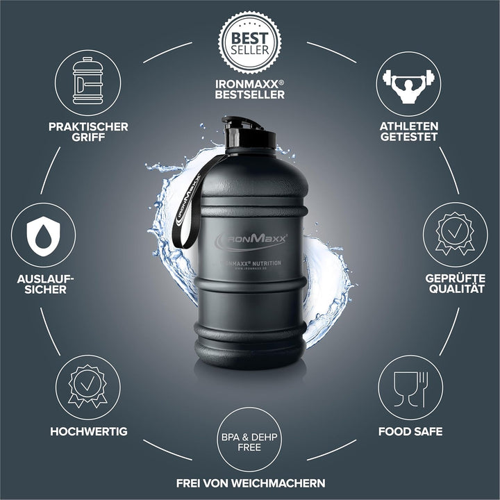 IronMaxx Water Gallon - Matt Deep Black 2200ml | BPA & DEHP frei | auslaufsichere Trinkflasche mit M