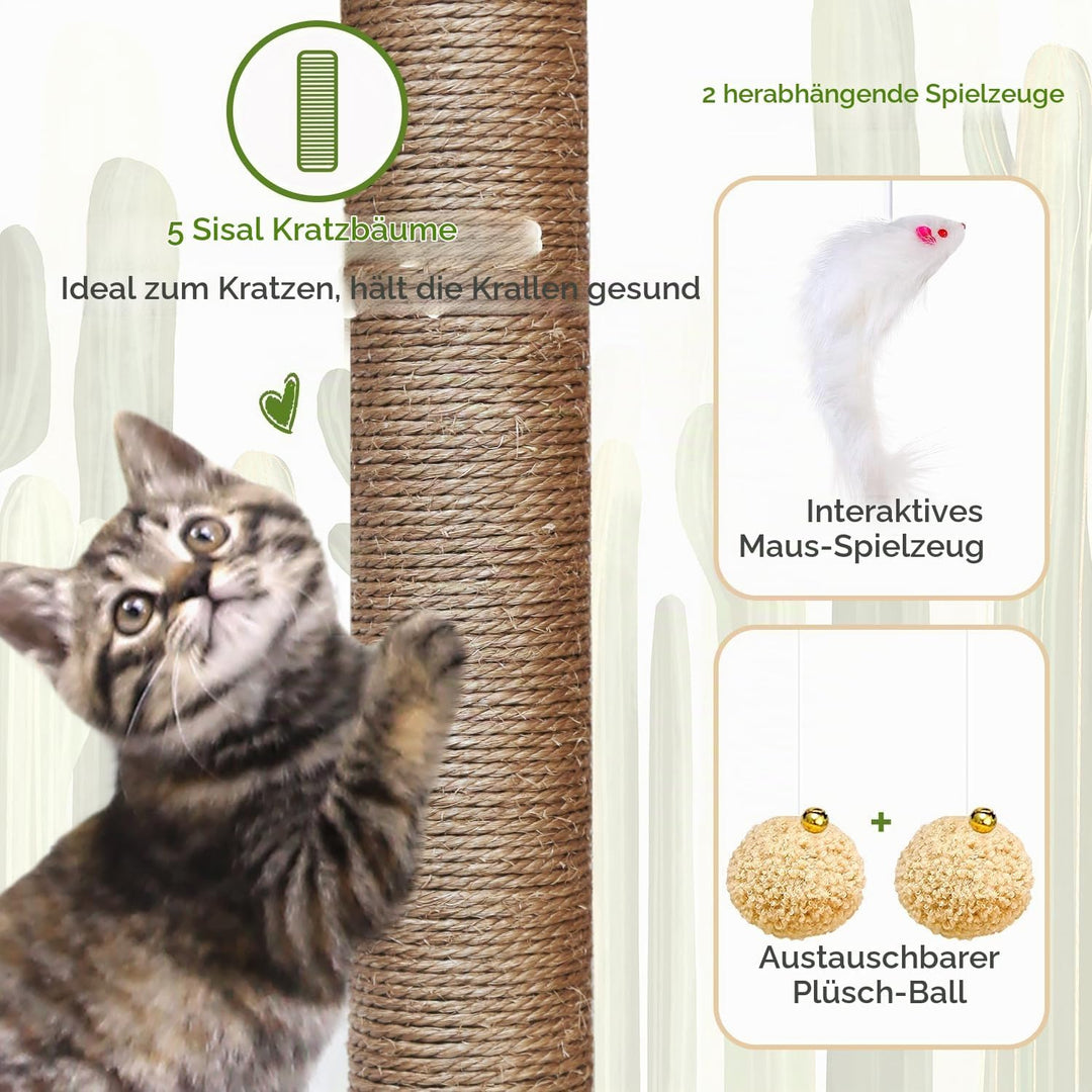 Globlazer Kratzbaum Kaktus Grün mit 2 Katzenhaus, Grosse Gepolsterte Plattform, Sitzstangen, Katzenk