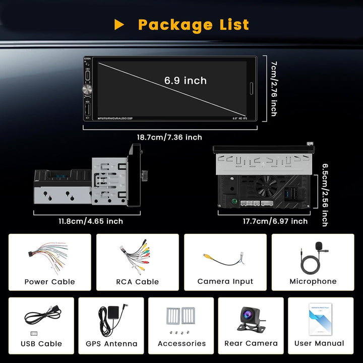 Hikity 1 din Android 15 [2+64G] Autoradio mit Knöpfe Wireless CarPlay Android Auto Mirror Link, 6.9"