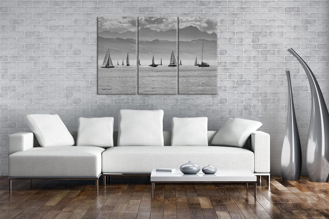 deyoli Meer voller Segelboote Format: 3Teilig als Leinwand, Effekt: Schwarz&Weiss, Motiv fertig gera