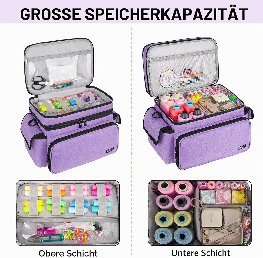 Grosser Nähkasten mit Nähtaschen, Nähzubehör, Garnaufbewahrung, Nadelbehälter, violett, XL, Modern V