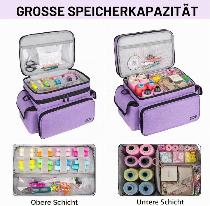 Grosser Nähkasten mit Nähtaschen, Nähzubehör, Garnaufbewahrung, Nadelbehälter, violett, XL, Modern V