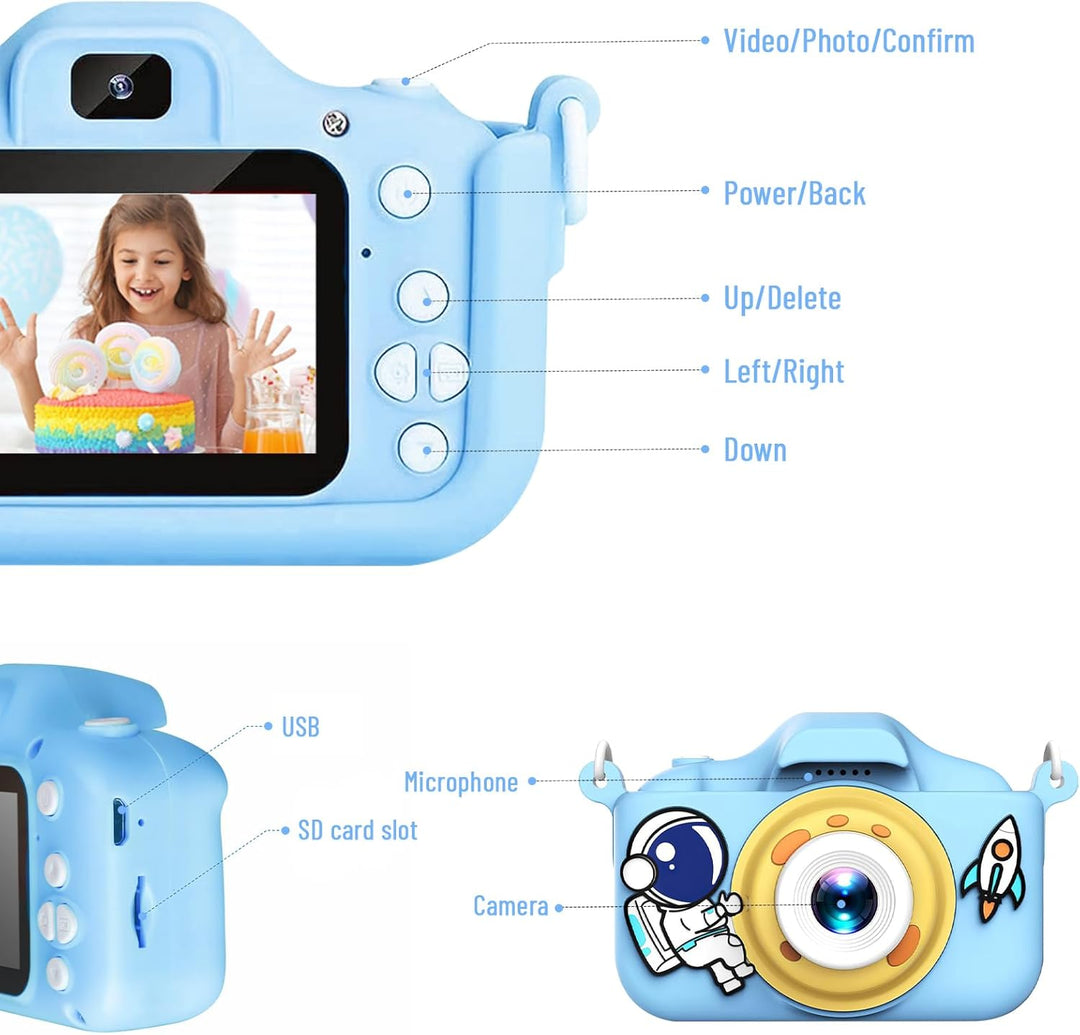 1080P HD Kinderkamera Digitalkamera für Jungen Mädchen, 2" Bildschirm, Wiederaufladbar mit 32GB SD K