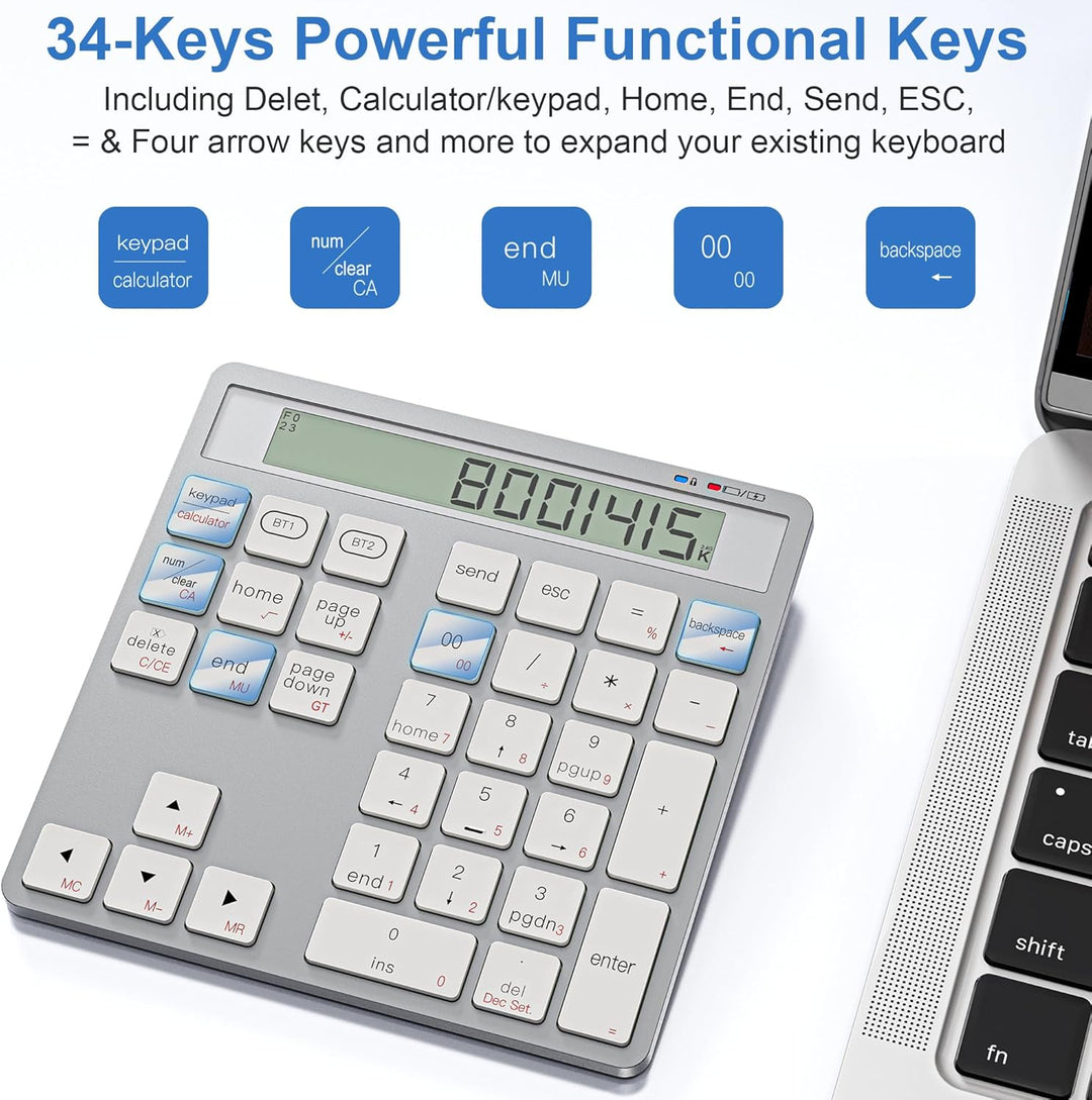 Wiederaufladbares 2-in-1 Ziffernfeld mit Bluetooth & USB, 34 Tasten mit Rechner-Display, schlank & p