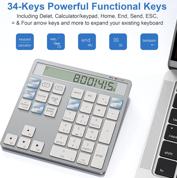 Wiederaufladbares 2-in-1 Ziffernfeld mit Bluetooth & USB, 34 Tasten mit Rechner-Display, schlank & p