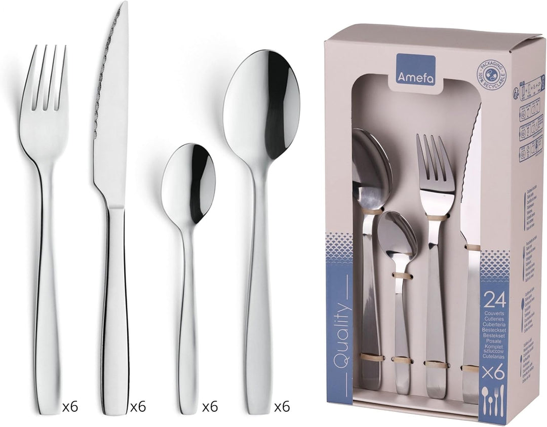 Amefa Besteck-Set Hotel, Tafelbesteck für 6 Personen, Edelstahl glänzend, weiche Konturen, 24-teilig